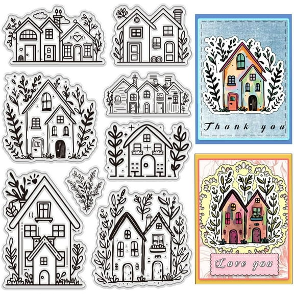 1 Sheet House Theme Clear Stamps Set 8pcs Line Drawing Style Rubber Stamp Silicone Clear Stamps Reusable Transparent Stamps for Scrapbooking Journaling Card Making Album Photo Decoration