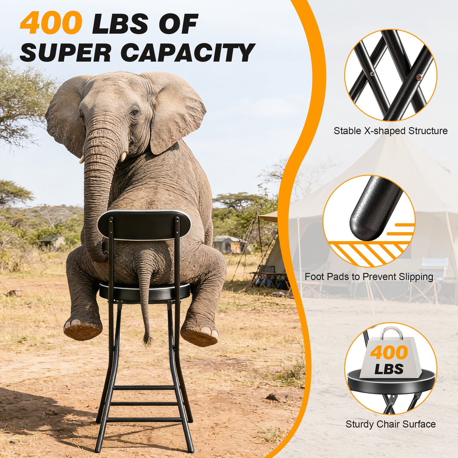 2 Pack 26 inch Height Folding Stool with Backrest and Handle, 400 lbs Capacity, Faux Leather Seat for Outdoor, Camping