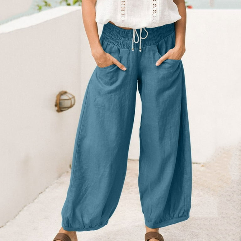 Zodggu Womens Summer Casual Loose Baggy Pockets Pants Fashion Playsuit  Trousers Overalls Cotton And Linen Pants Gifts for Women Trousers 2023  Joggers Female Fashion Blue 8 