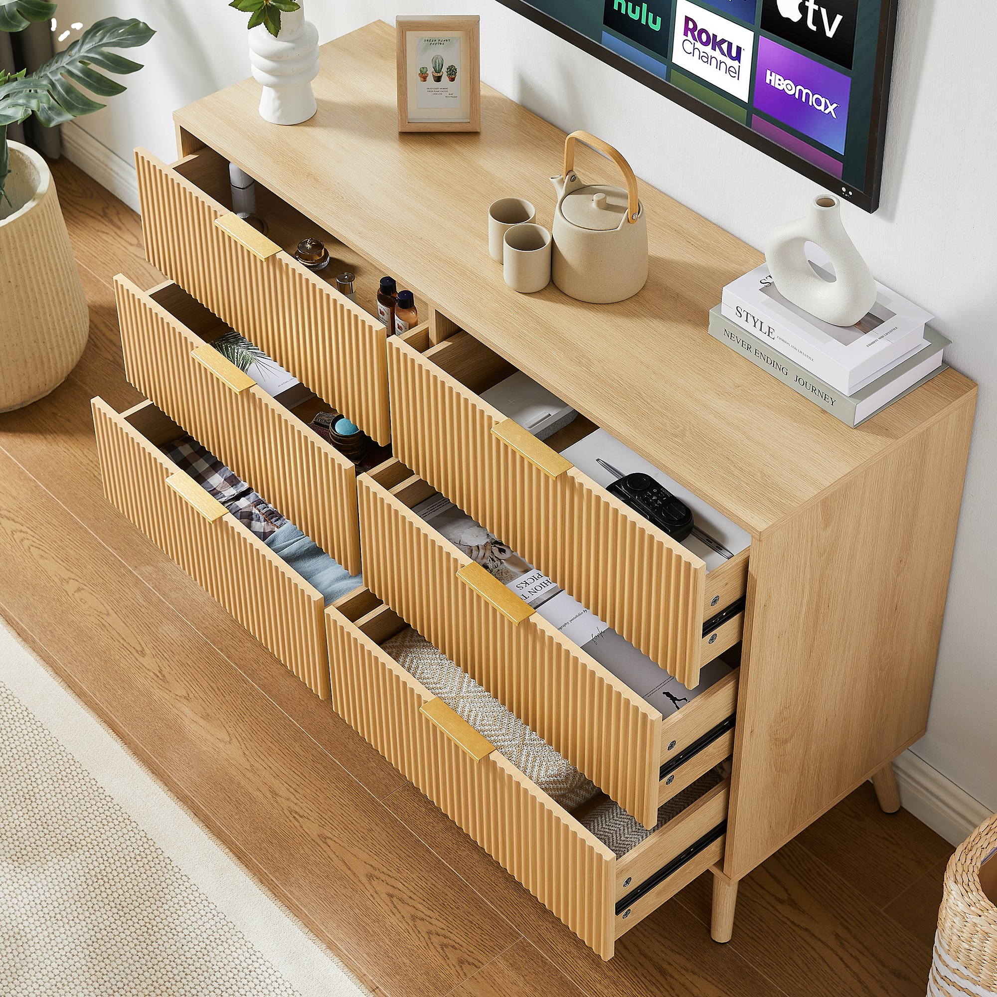 Lunale 47.2" Bedroom Dresser, 6 Double Dressers with Wavy Drawers, Wooden Chest of Drawers for Living Room, Nature