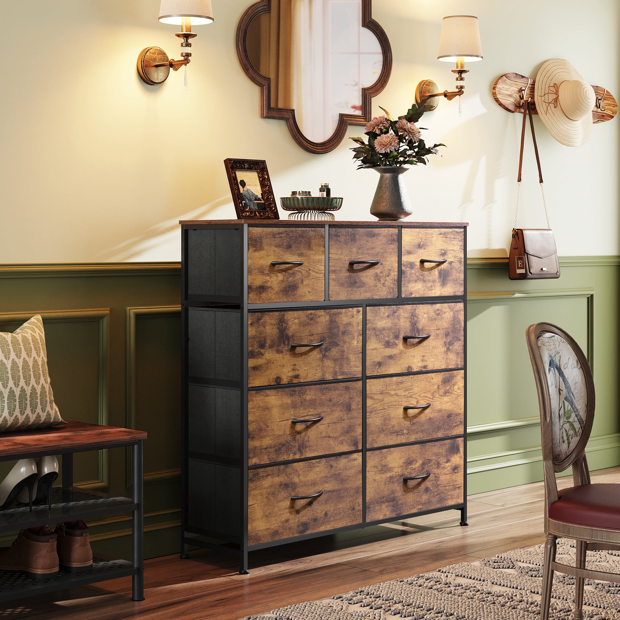 GALAXHERO 9-Drawer Fabric Dresser, Tall Storage Tower for Bedroom, Hallway, Entryway, Closet, Chest Organizer Unit with Fabric Bins, Steel Frame, Wood Top, Rustic Brown Wood Grain Print