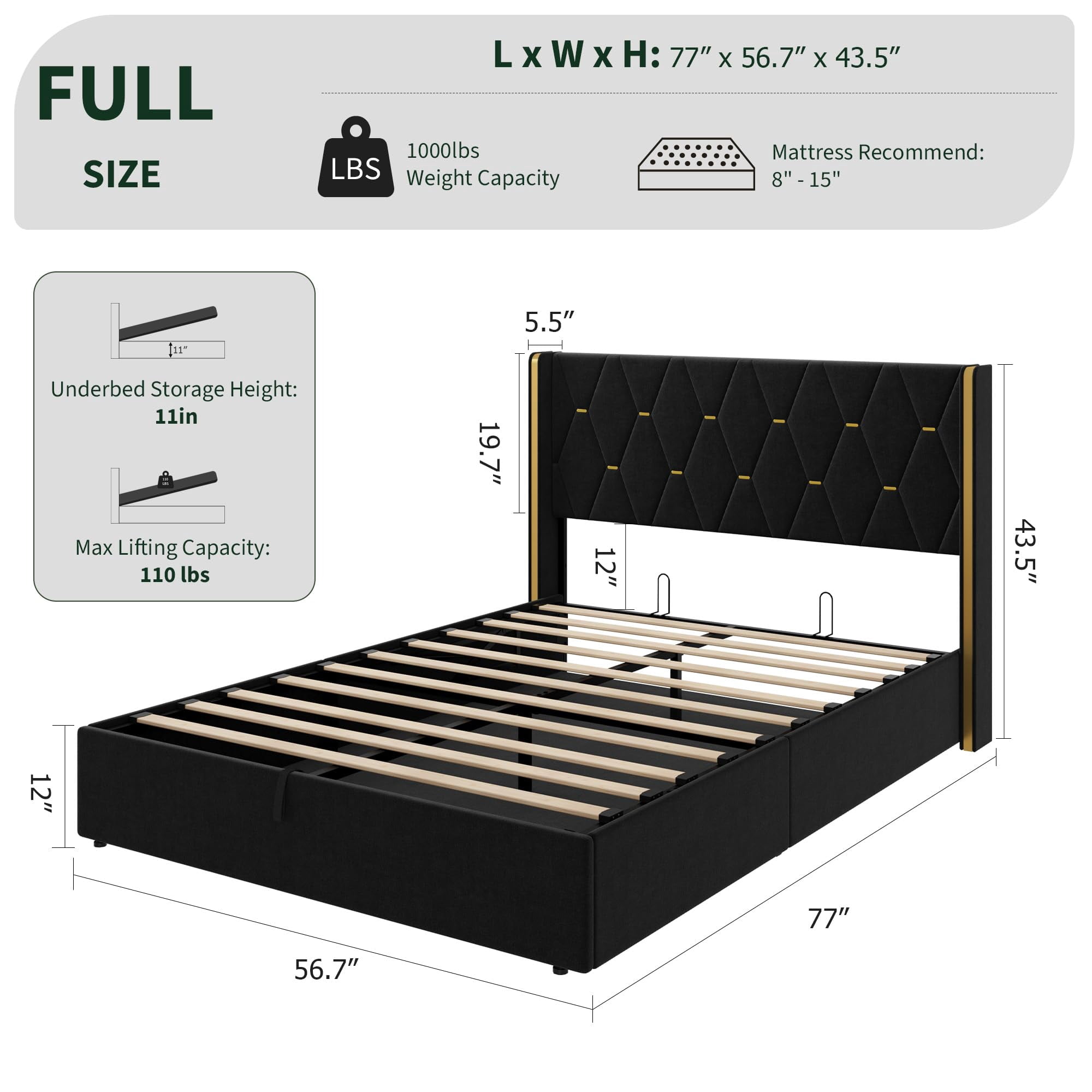 Full Size Lift Up Storage Bed Frame with with Gold Wingback Headboard, Velvet Upholstered Bed Frame with Diamond Tufted Design & Gold Trim, Hydraulic Support, No Box Spring Needed