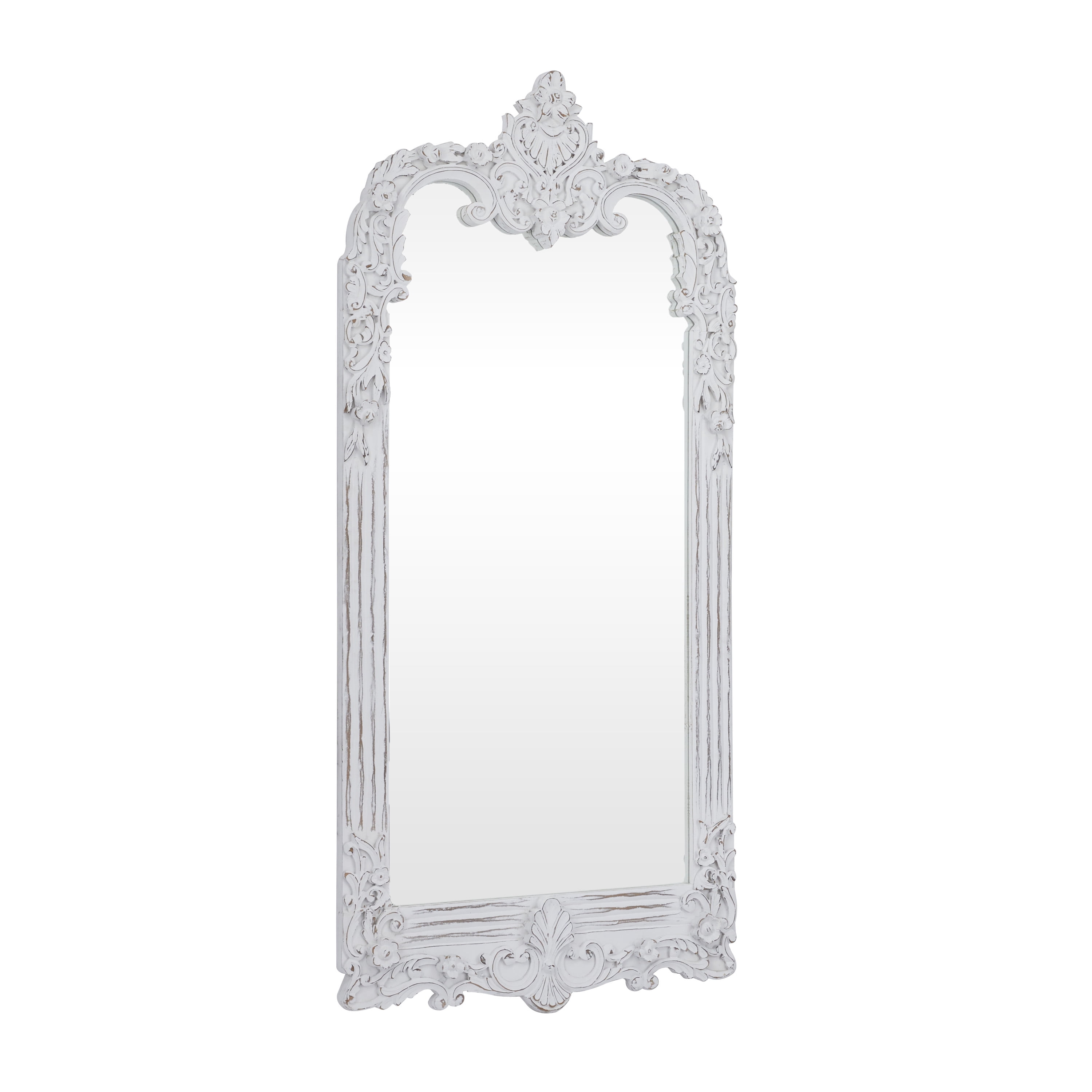 DecMode 36" x 77" White Intricately Carved Acanthus Floral Wall Mirror