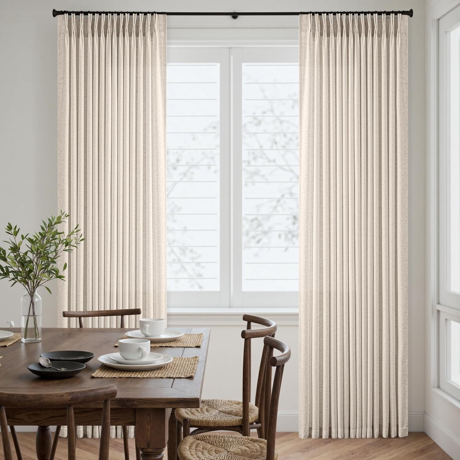 Birch Pinch Pleat Linen Curtains Extra Long Curtains 108 Inch Length, Memory Trained Pinch Pleated Curtain with Hooks Living Room Bedroom Sliding Patio Door, Linen Textured Pleated Curtain Drapes
