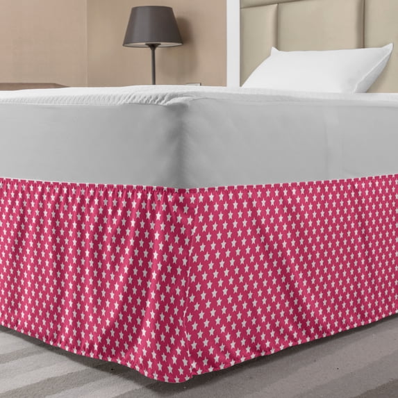 Star Bed Skirt, Celebration Shapes Girlish Toned Party Abstract Themed Continuous Minimal Pattern, Elastic Bedskirt Dust Ruffle Wrap Around for Bedding Decor, 4 Sizes, Hot Pink White, by Ambesonne