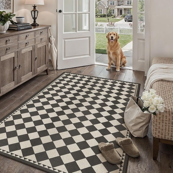 3x5 Outdoor Rug Black Beige Checkered Stain Resistant Durable Linen Look Woven Patio Deck Porch Garden Washable Pet Friendly Summer