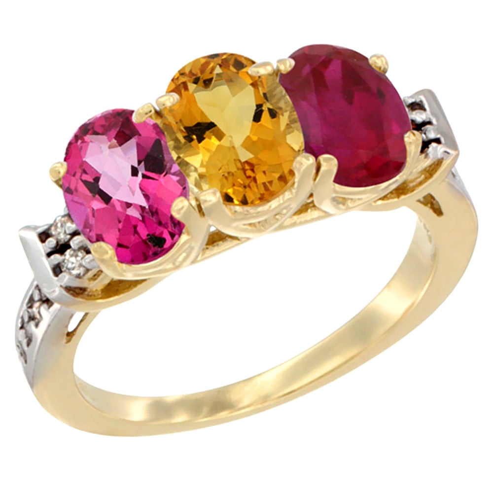 10K Yellow Gold Natural Pink Topaz, Citrine & Enhanced Ruby Ring 3-Stone Oval 7x5 mm Diamond Accent, sizes 5 10 by WorldJewels