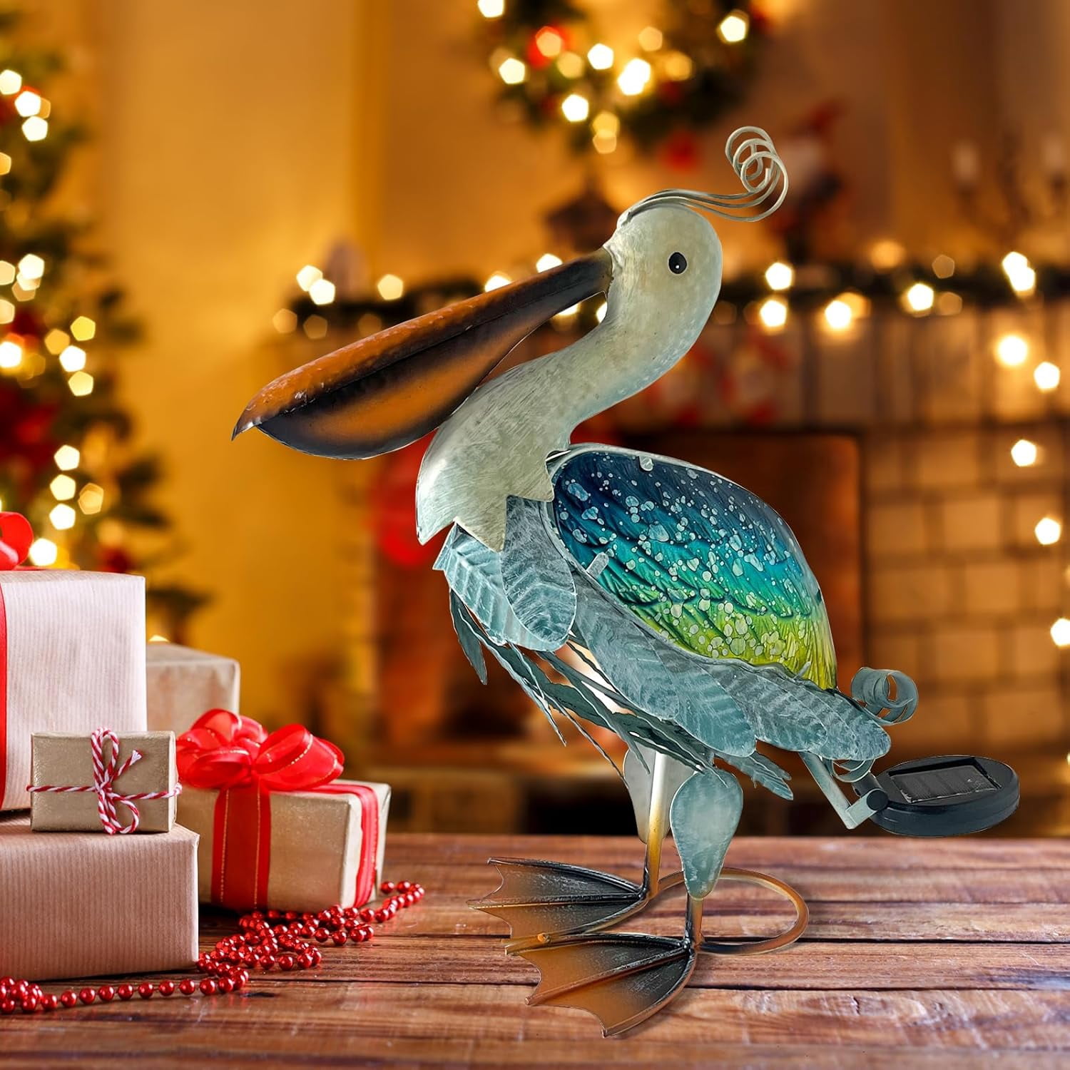Solar Metal Pelican Statues Garden Sculpture & Statues, 17 Inch Glass Outdoor Pelican Yard Art Coastal Ocean Bird Decor Lawn Ornament for Backyard Porch Patio Decor（Blue-Green）