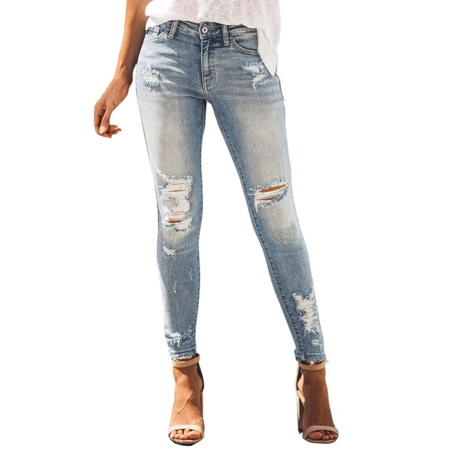 Pantalones para Mujer Gibobby Casual Verano Mezclilla Elásticos Desgastados Deshilachados Aqua XL