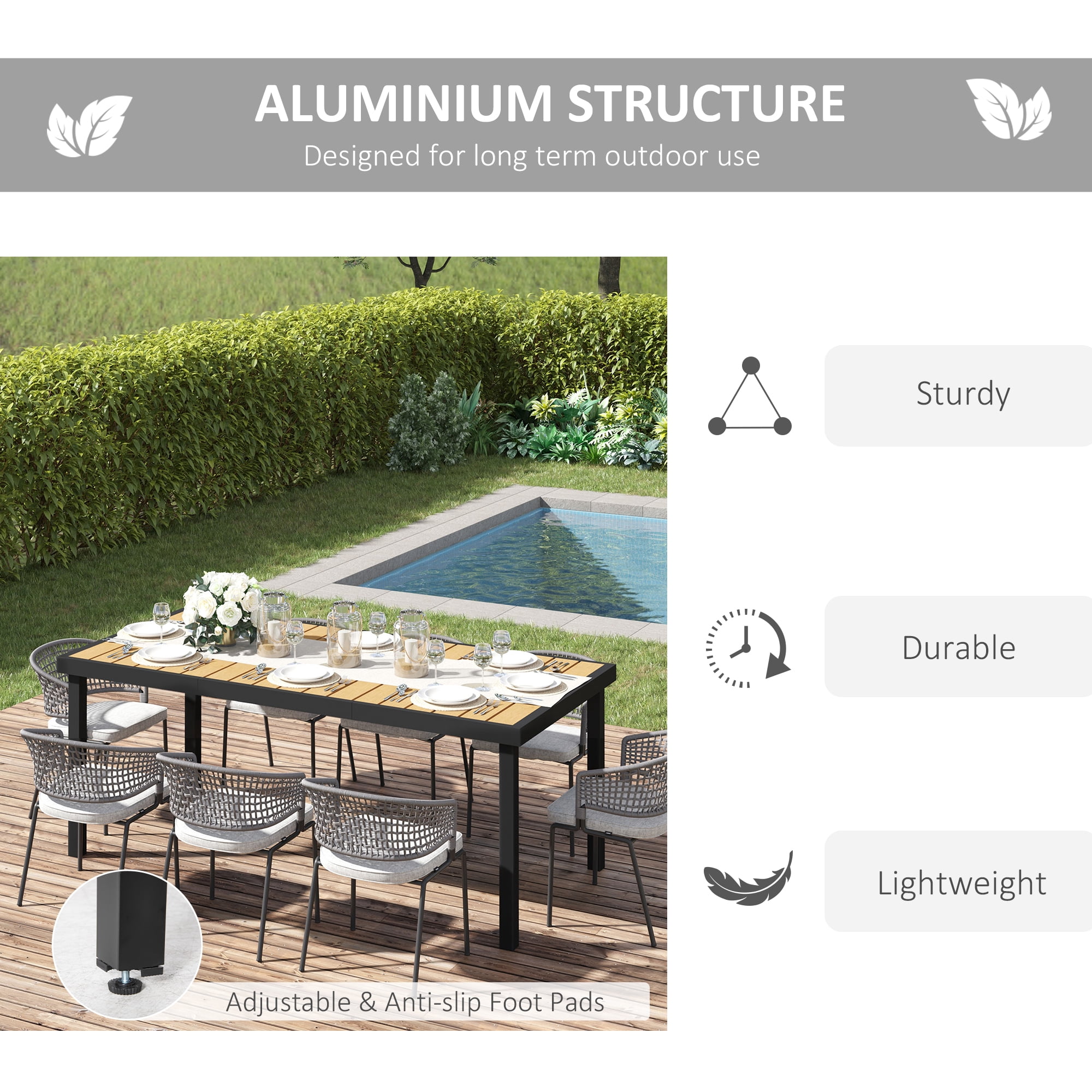 HOQBN Aluminum Outdoor Garden Dining Table for 8 People, Faux Wood Top, for Garden and Patio, 190 x 90 x 74 cm, Natural
