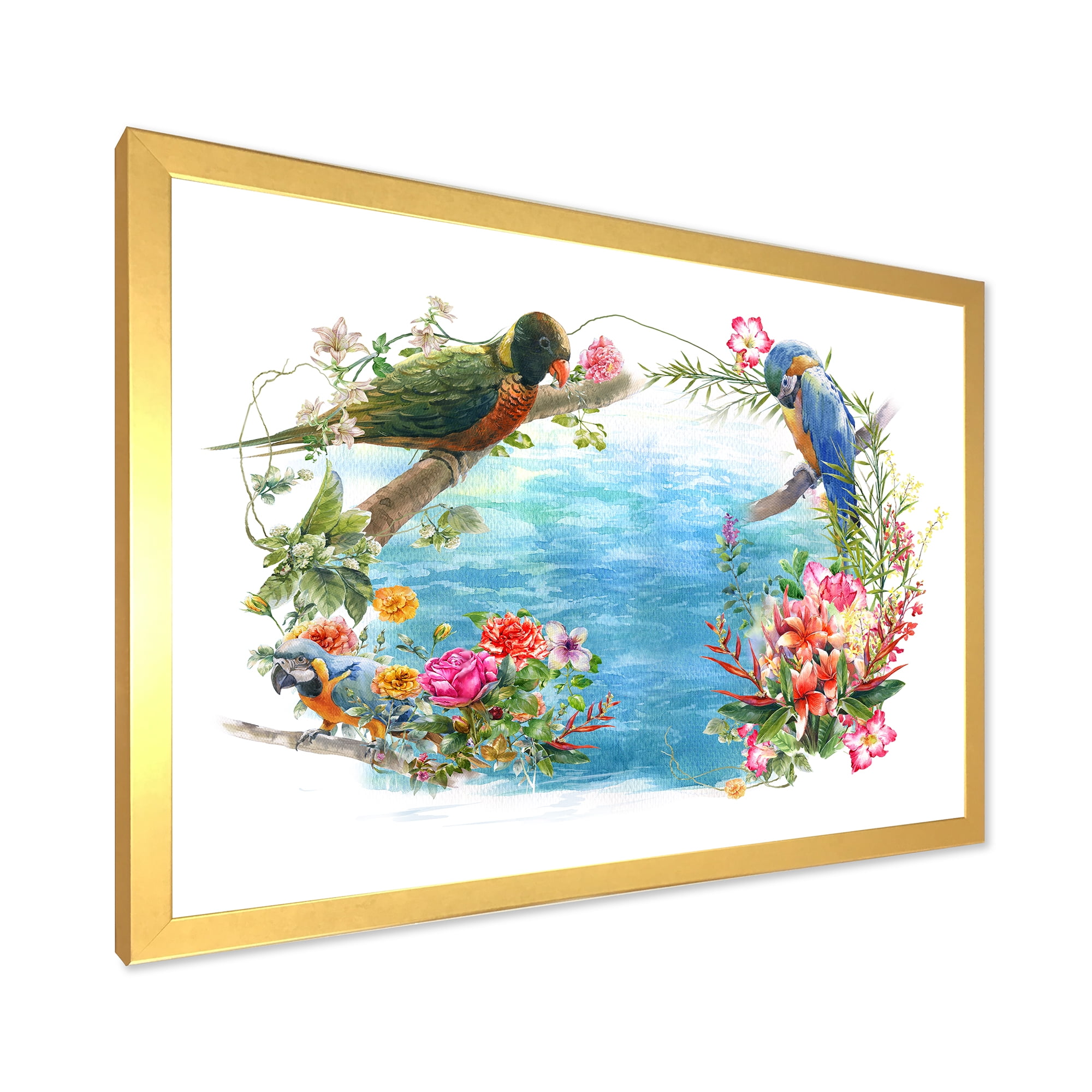 Designart 'Parrots and Flowers By The Blue Waterside' Traditional Framed Art Print