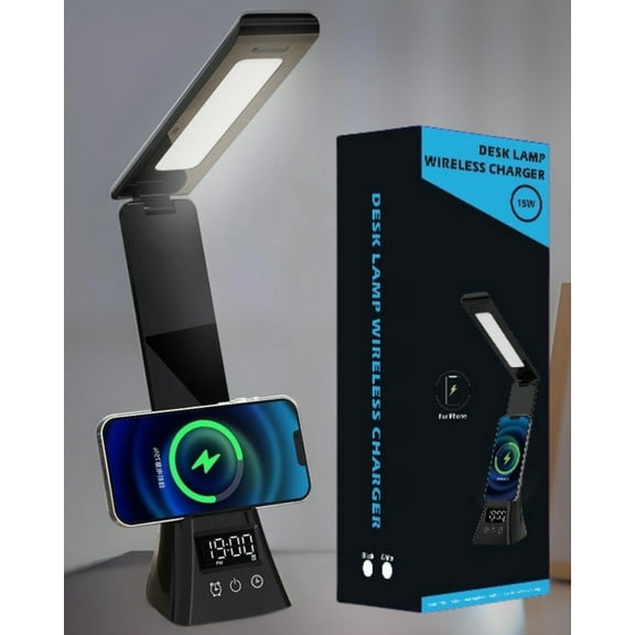 Desk Lamp with Wireless Charger for Adults & Students, Dimmable Office Desk Light with Clock, Alarm, Foldable Lamp for Table Bedroom Bedside Office
