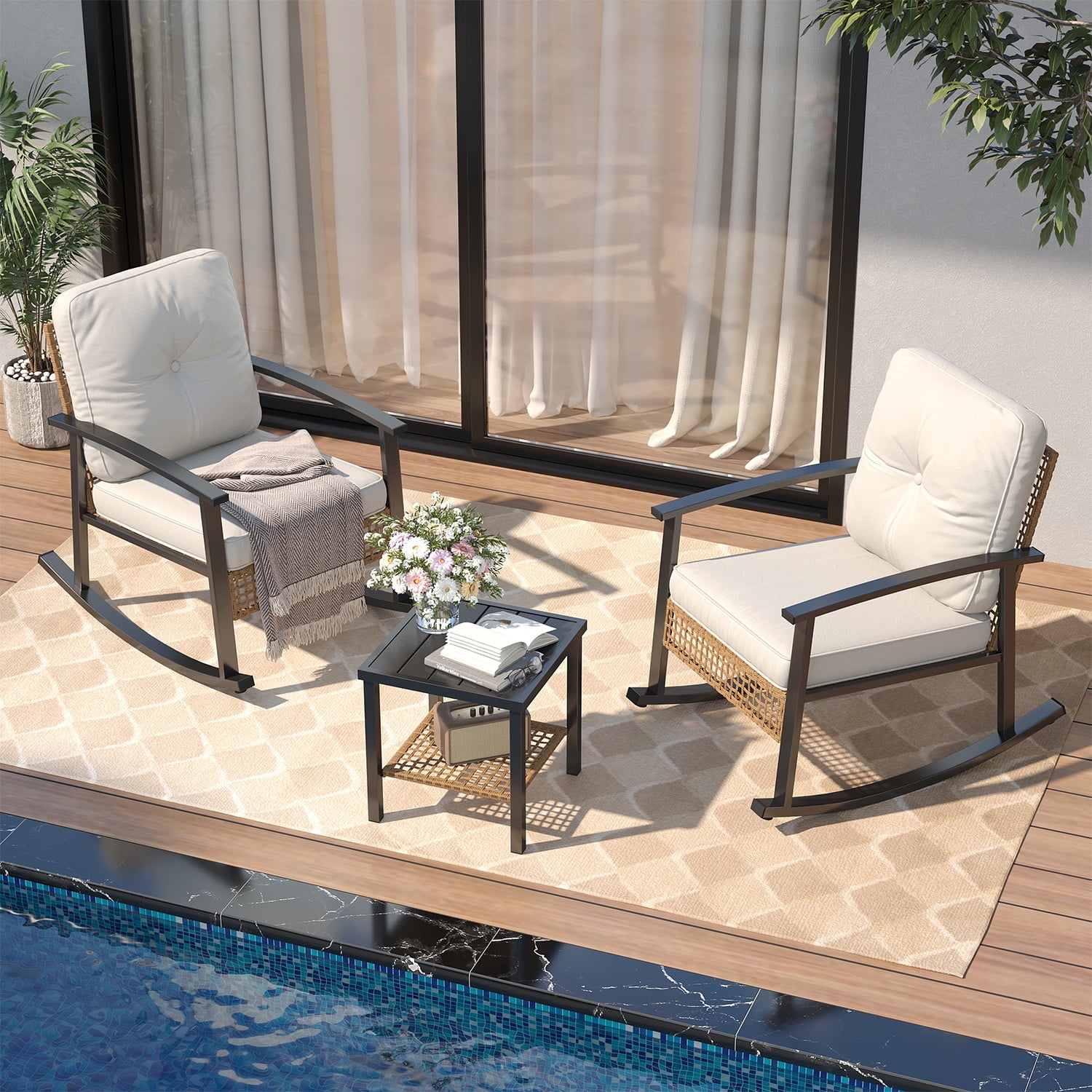 BaPiPro 3-Piece Outdoor Rocking Chair Set, PE Wicker Patio Furniture with Water-Resistant Cushions, Galvanized Steel Frame, 2-Tier Coffee Table, for Porch, Backyard, Poolside, Beige