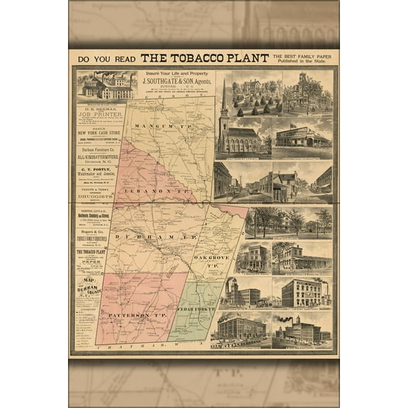 24"x36" Gallery Poster, Map of Durham County, North carolina 1887