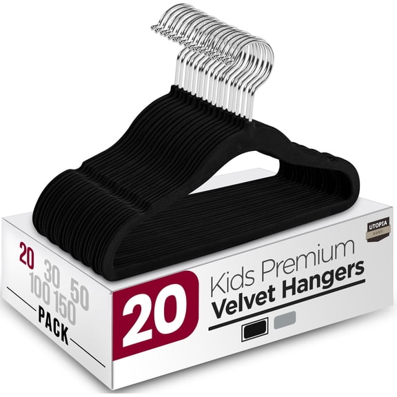 Utopia Home Kids Velvet Hangers 20 Pack 11 Inch Non-Slip Baby Hangers for Baby and Toddlers, Durable Ultra-Slim Space-Saving Closet Organizers Black