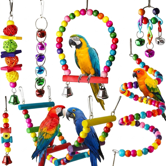 ROSEXIXI 7Pcs Parrot Toys Natural Wood Bird Cage Accessories Hanging Bell Chewing Ladder for Conures