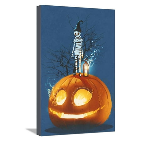 Giant Wall Paintings Mummy Standing on Giant Pumpkin,Jack O Lantern,Halloween Concept,Illustration Painting Stretched Canvas Print Wall Art By Tithi Luadthong ()