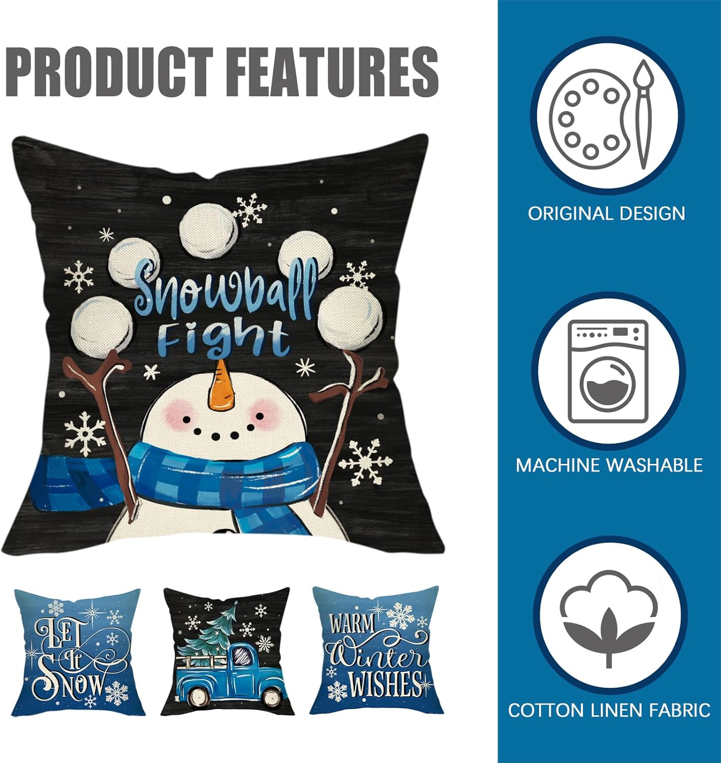 Warm Winter Wishes Decorative Throw Pillow Covers 18x18 Set of 4, Snowman Truck Christmas Tree Blue Black Outdoor Pillowcase, Let It Snow Snowflake Holiday Farmhouse Cushion Case Home Decor