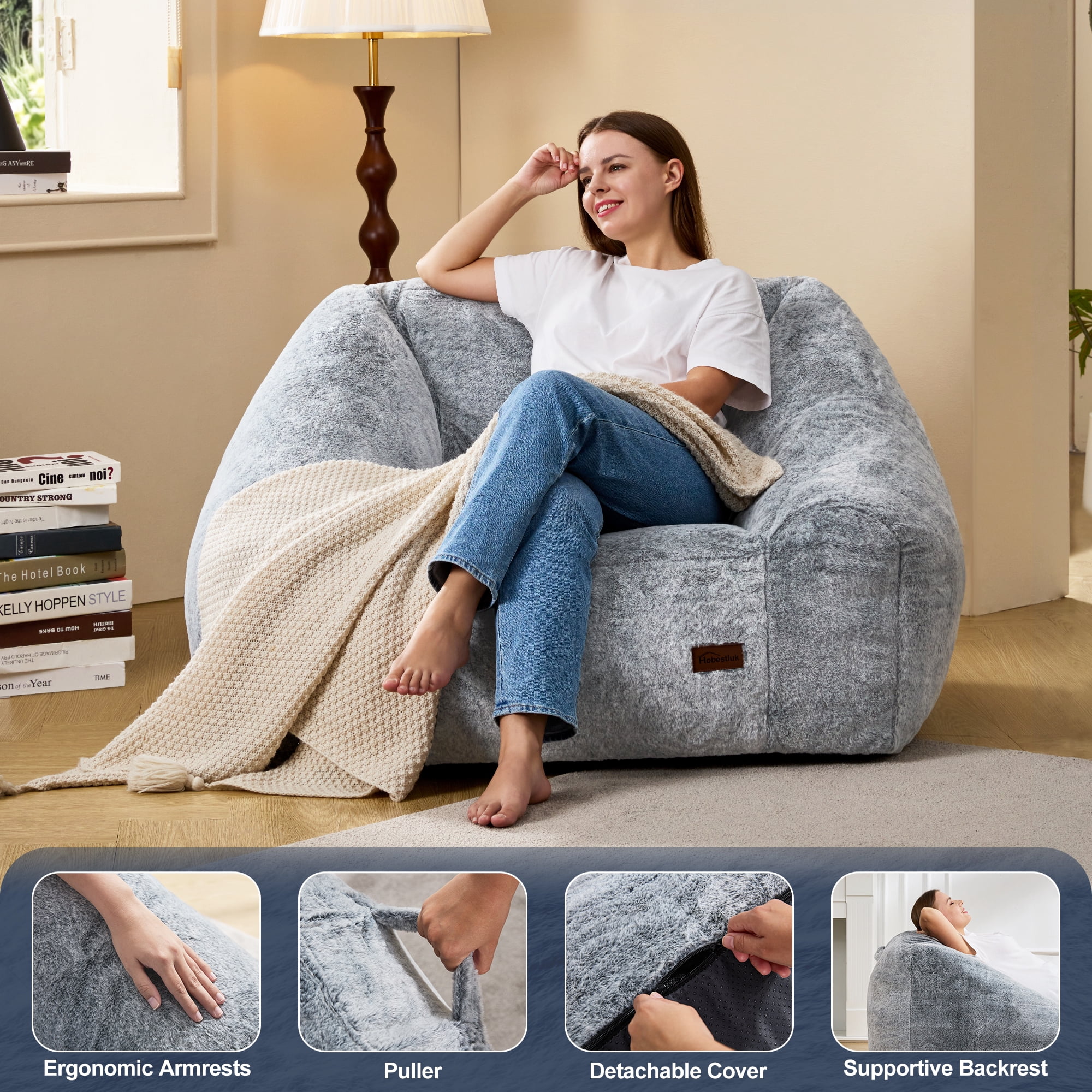Hobestluk Oversized Bean Bag Chair for Adults with Filler, Large Cozy Reading Chair, Comfortable Lounge Chair for Living Room and Bedroom (Grey Two-Tone)