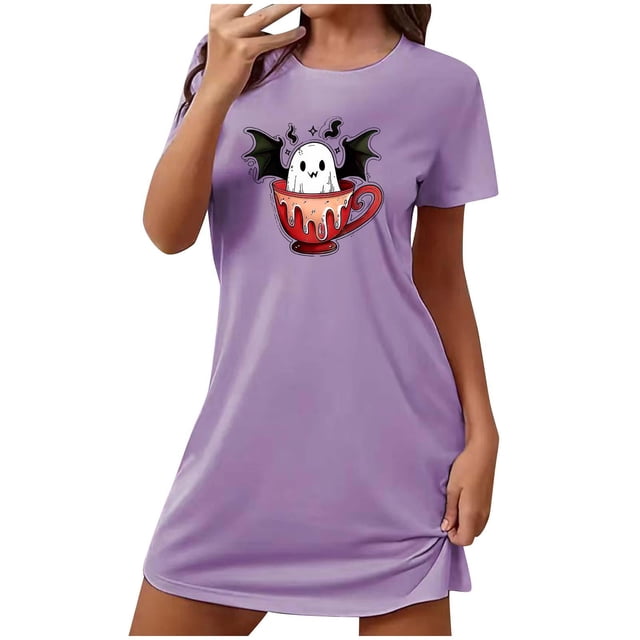 Tnhcen Robe de Nuit pour Femmes Saison Effrayante Grande Taille Imprimé Dessin Animé Manches Courtes Col Rond Polyester Spandex Doux P-2TG pour des Nuits d'Halloween Douillettes