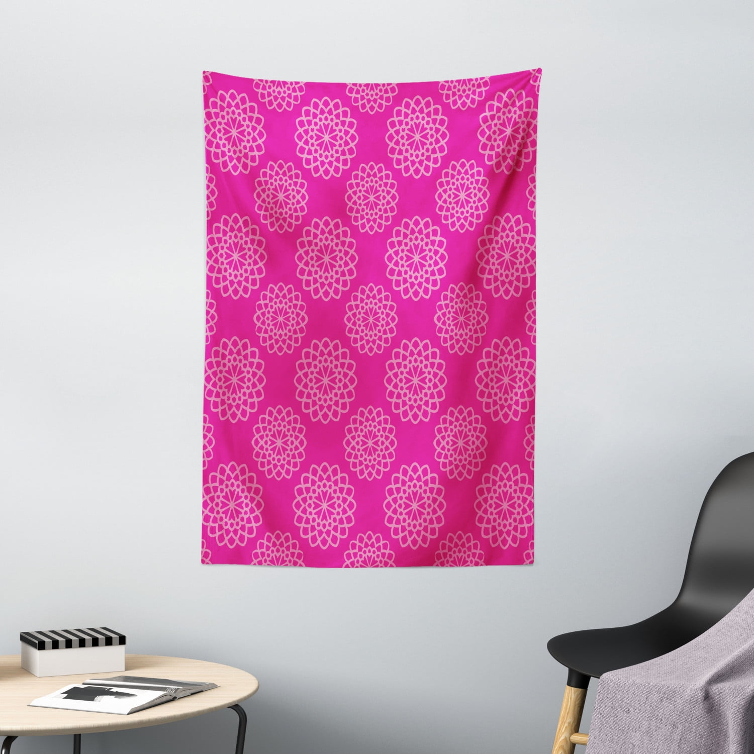 Hot Pink Tapestry, Geometrical Abstract Flower Motifs Garden Meadow ...