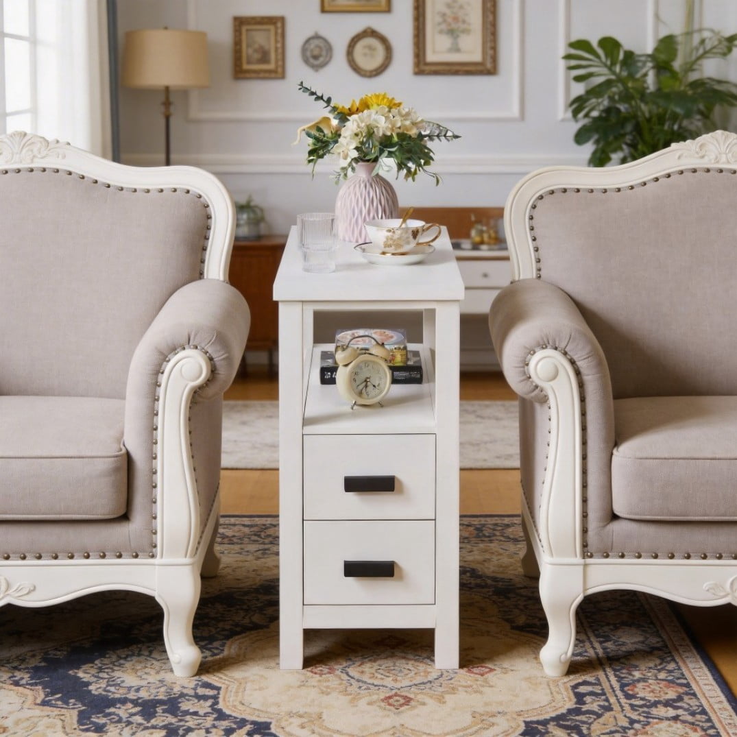 End Table with Charging Station, 2 USB Ports & 2 Outlets, 2-Drawer Nightstand, Small Wood Bedside Table, Rustic Side Table for Bedroom & Office, White