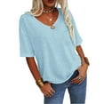 thumbnail image 4 of Tops for Women Trendy, Comdrip Women's 3/4 Sleeve Shirts V Neck Loose Fitting Tops Casual Solid Color Tshirts Trendy Basic Tunic Summer Ladies Tops Womens Tops Casual Light Blue S, 4 of 7