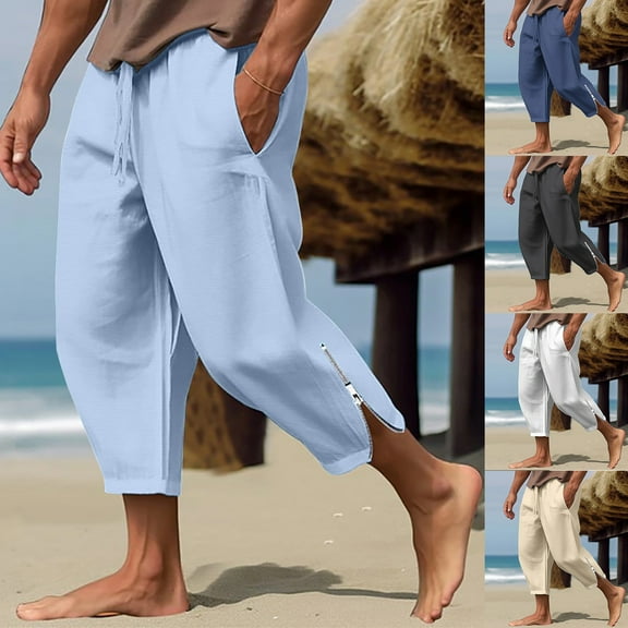 WAENQINLA Mens Summer Beach Cropped Pants Drawstring Elastic Waist Pants Cotton Linen Pants with Pockets Hippie Harem Pants Light Blue XL