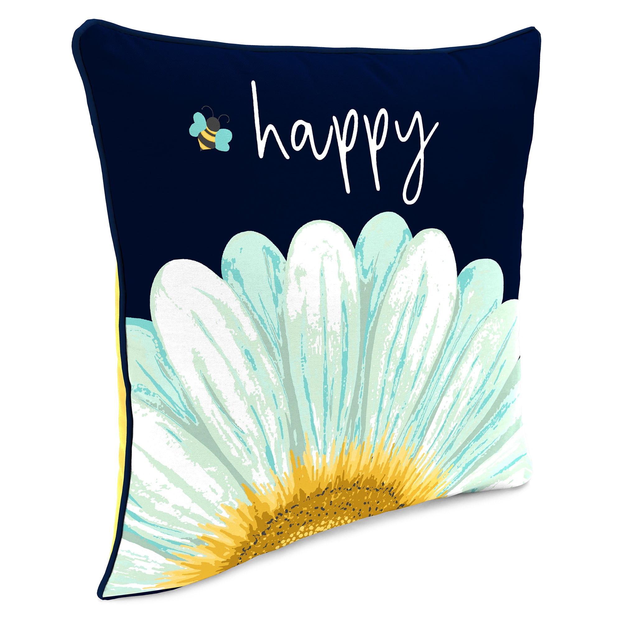 Jordan Manufacturing 16" x 16" Bee Happy Daisy Navy Novelty and Yellow Solid Reversible Square Outdoor Throw Pillow with Welt (2 Pack)