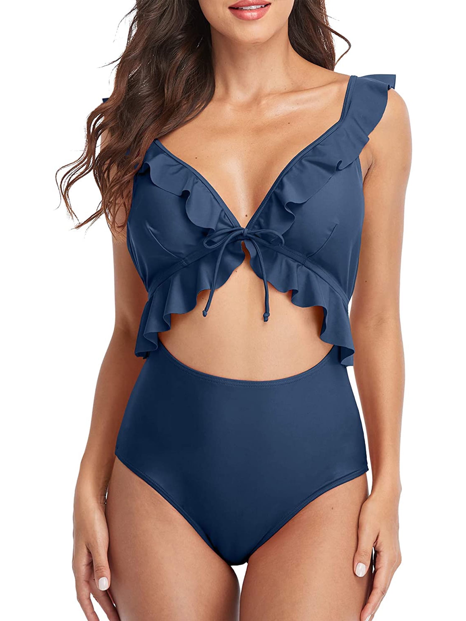 Charmo Ruffle One Piece Swimsuits for Women V Neck Ruched Monokini Bathing Suits