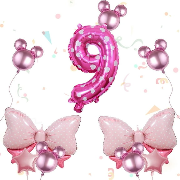 10Pcs Mini Mouse Balloons Pink Huge Bow Birthday Number Balloons Set Aluminum Foil Balloons for Baby Shower 9th Birthday Party Decorations