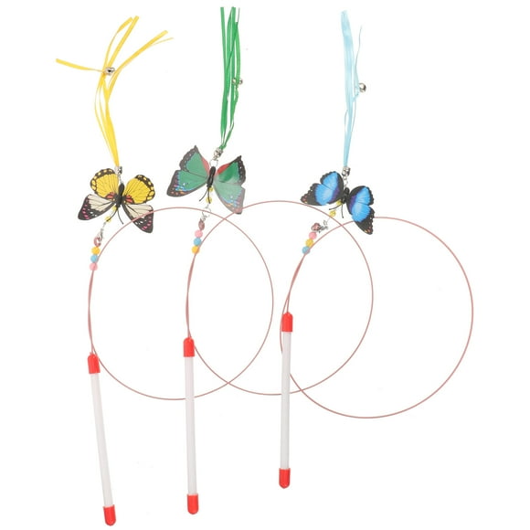 3PCS Simulated Butterflies Bell Type Cat Teaser Stick Teaser Wand Cat Toys