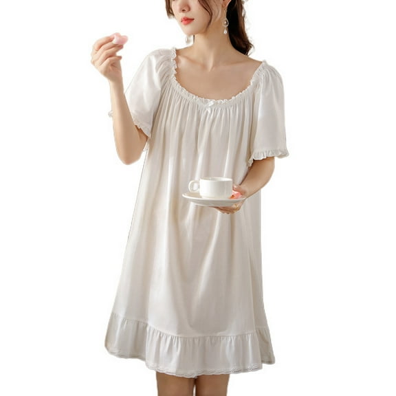 Defitshape Women's Cotton Nightgown Soft Short Pajama Dress Princess Victorian Ruched Scoop Neck Short Sleeve Sleeping Shirt Summer Fall Frilly Hem Nightshirt Fall Comfy Sleepwear White Large