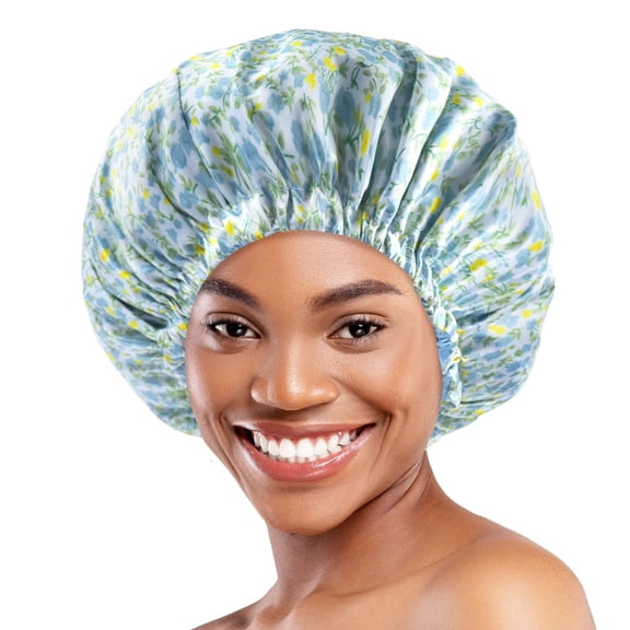 Silk Satin Bonnet Double Layer Reversible Hair Bonnet Elastic Sleep Cap Blue Flora