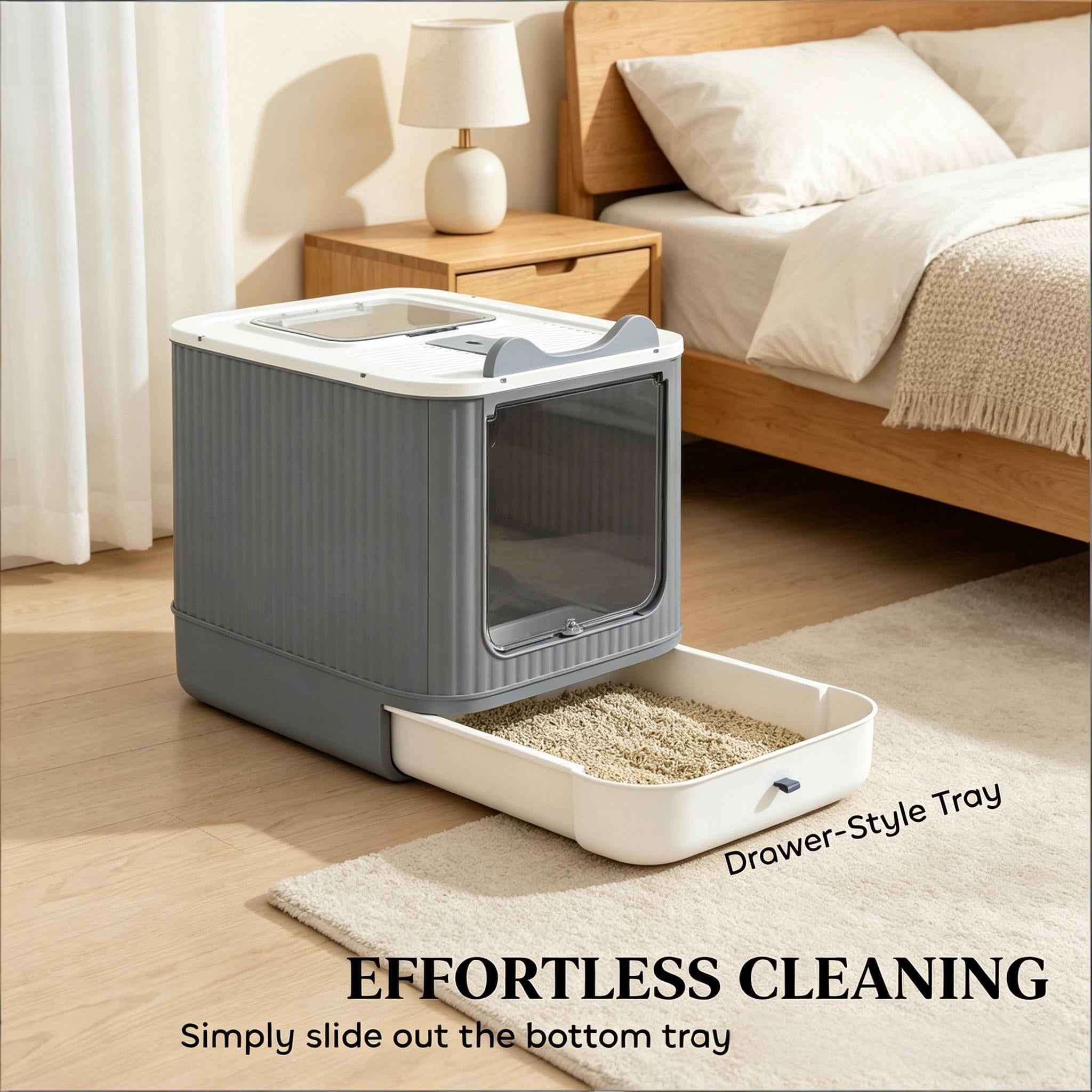 Enclosed Cat Litter Box with Slide-Out Tray for Small-Medium Cats, Top-Exit Design, Odor Control, Includes Scoop & Charcoal Packs, White