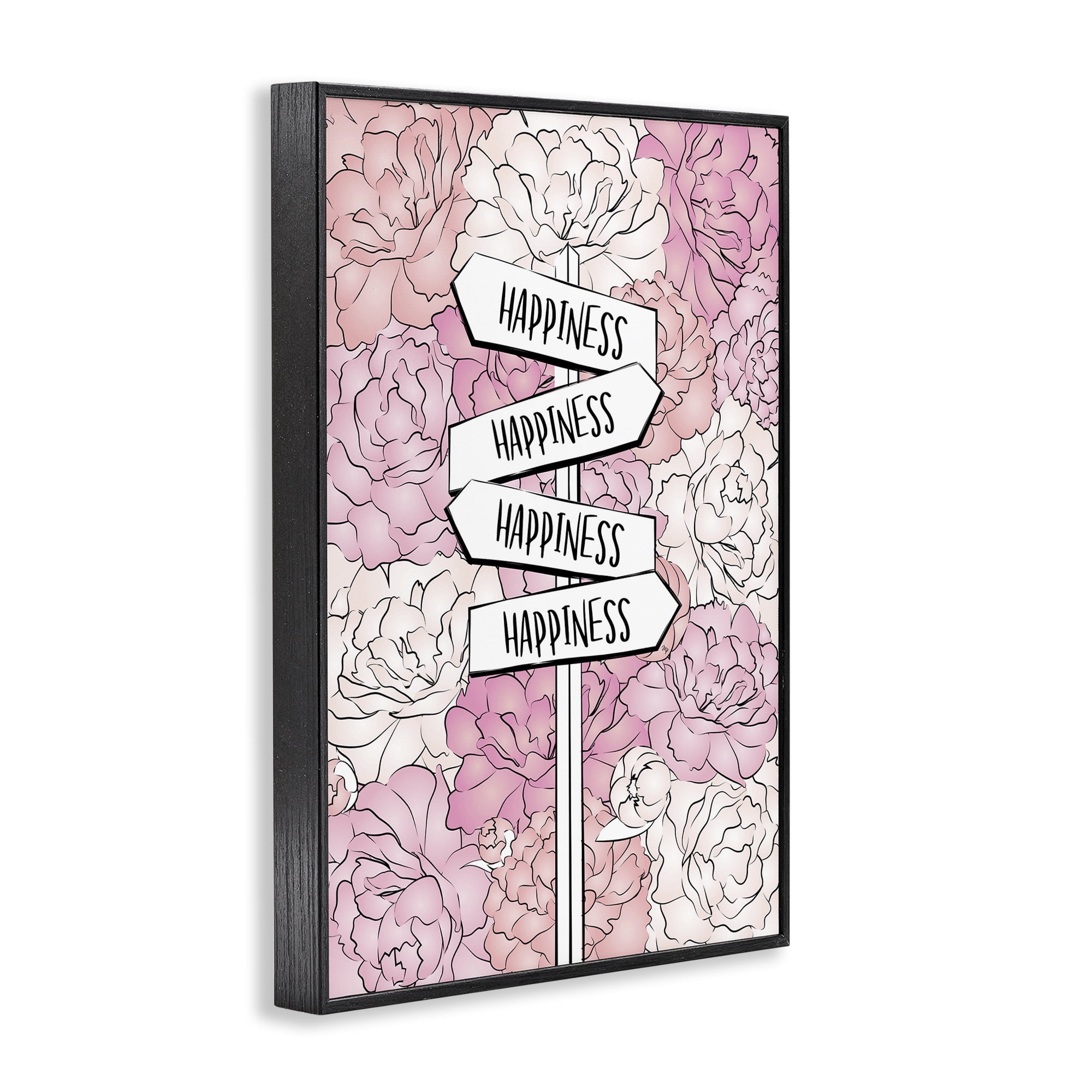 Stupell Industries Happiness Sign on Flowers Beauty & Fashion Painting Black Framed Art Print Wall Art, 16 x 24