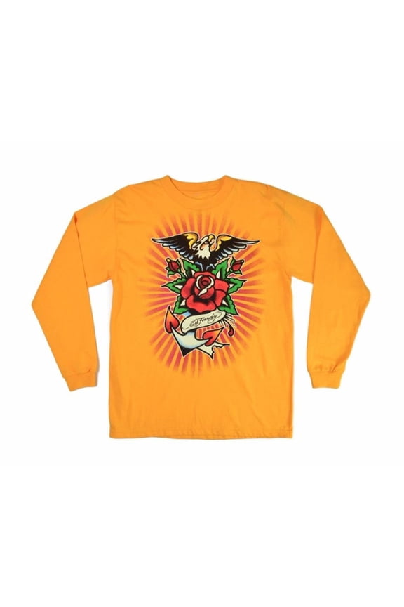 ED HARDY JUNIOR EAGLE ROSE SCREENPRINTED L/S CREW NECK T-SHIRT YELLOW MEDIUM