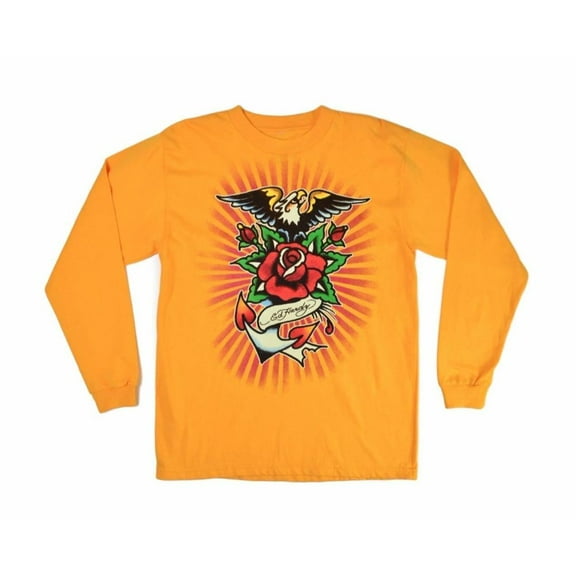 ED HARDY JUNIOR EAGLE ROSE SCREENPRINTED L/S CREW NECK T-SHIRT YELLOW LARGE