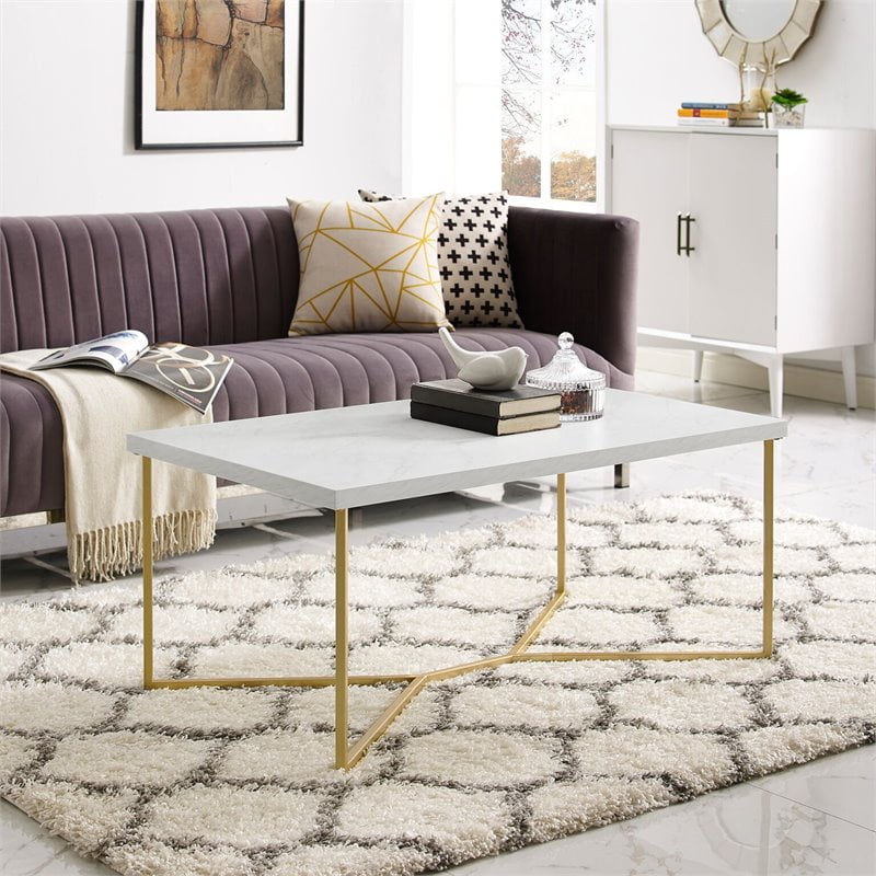 White Faux Marble Top And Gold Base, White And Gray Marble Coffee Table