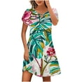 thumbnail image 2 of Pisexur Robes d'Été pour Femmes Mode Col Trou de Serrure Robe Midi Décontractée Slim Manches Courtes Robe Tunique Imprimé Floral Boho Élégante Taille Haute Longueur Genou Robe de Plage Vacances, 2 of 5