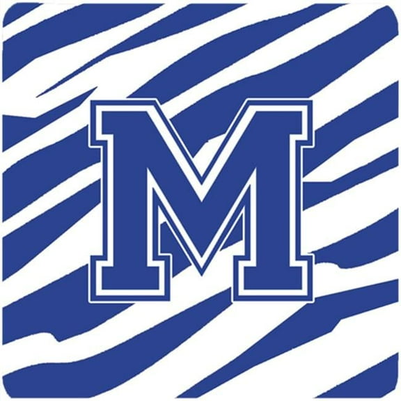 Set of 4 Monogram - Tiger Stripe Blue and White Foam Coasters Initial Letter M