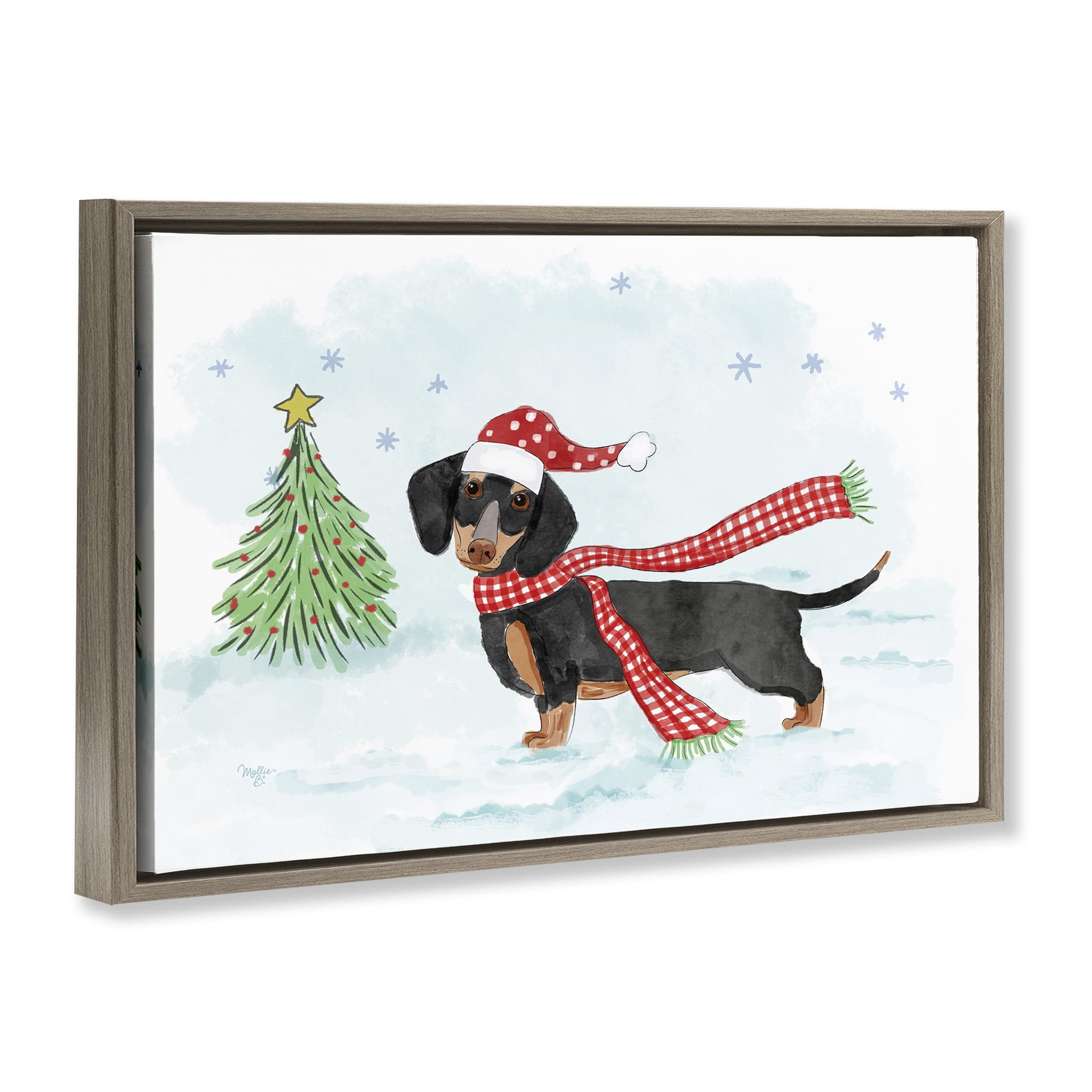 Stupell Industries Dachshund with Scarf Holiday Painting Brown Floater Framed Canvas Art Prints Wall Art, 25 x 17
