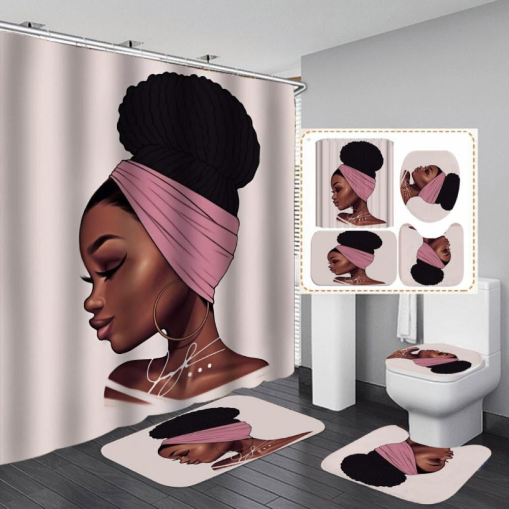 4PCS/Set Sexy African Woman Shower Curtain, Waterproof Soft Fabric Bath