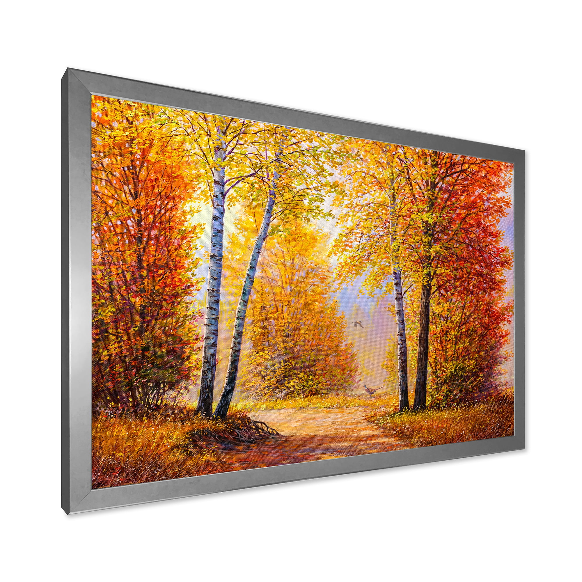 Designart 'Sunrise Glow Through The Autumn Trees' Lake House Framed Art Print