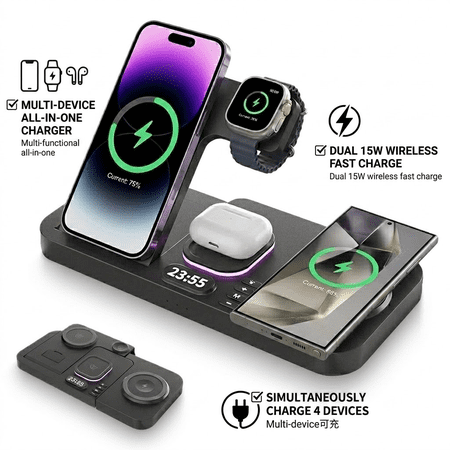 Portable 5-in-1 Wireless Charging Station, Dual 15W Fast Charger Dock with Night Light & Clock for iPhone, Apple Watch, AirPods
