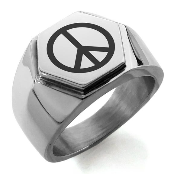 Stainless Steel Peace Engraved Hexagon Crest Flat Top Biker Style Polished Ring