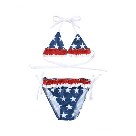 

COUTEXYI Baby Girls 2PCS Bikini Suit Star Printed Ruffle Tie-Up Halter Bra Tops Side Strappy Triangle Pantie Summer Sweet Swimwear