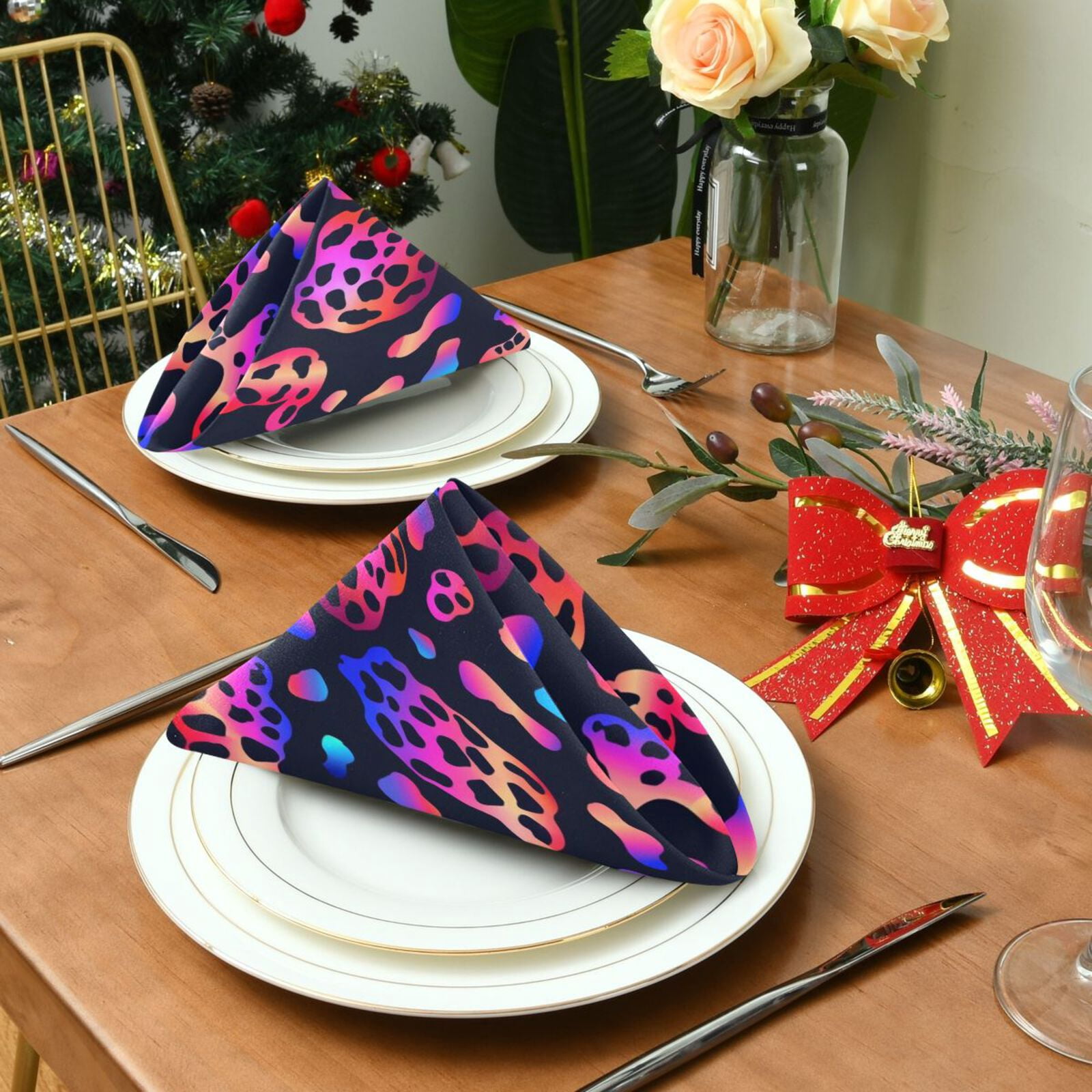 JSTEL Trendy Neon Leopard Print Cloth Napkins Set of 6, 20x20 Inch Washable and Reusable Napkin for Decoupage Dinner Party Everyday Use