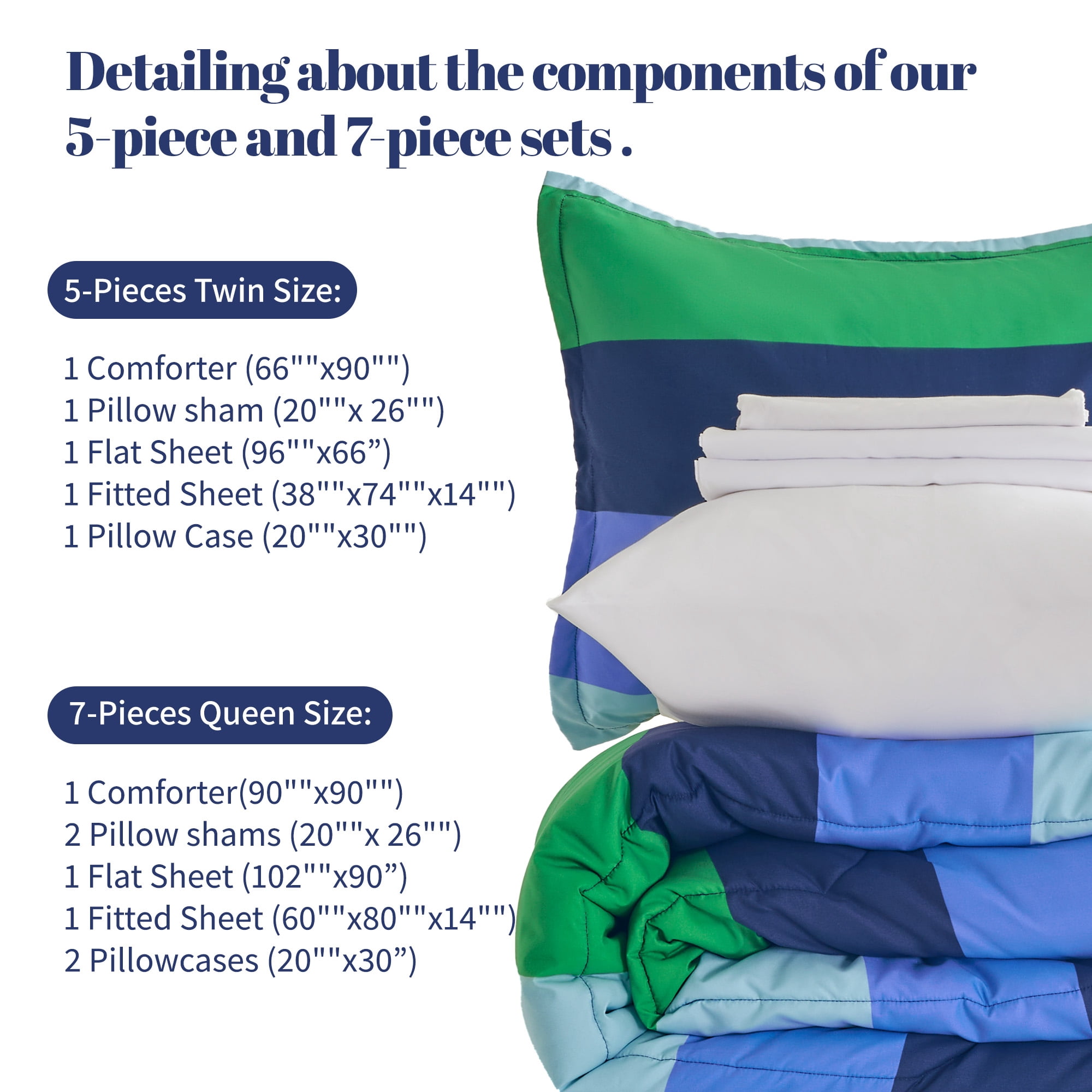 Sonive 7 Pieces Full/Queen Size Kids Comforter Sets , Hotel Collection for All Season, Advanced Digital Printing, Super Soft and Fluffy (Blue Green Rugby Stripe, Full/Queen)