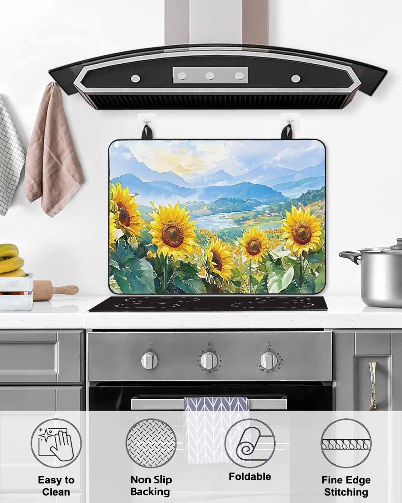 nqOlkjepod Large Induction Cooktop Protector Mat 36"x21", Sunflower Summer Stove Top Covers for Electric Stove, Spring Field Vintage Botanical Flowers Stove Burner Cover Mats, Glass Top Stove Cover